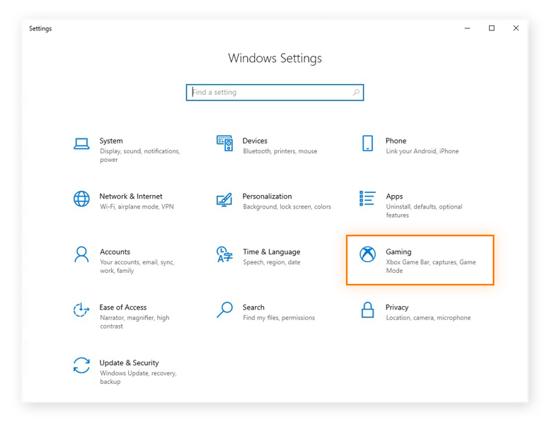 Accessing the Gaming settings in Windows 10 from the Windows Settings menu